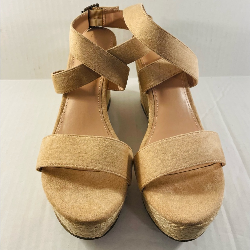 Coutgo Women's Tan Cross Strap Espadrille Wedge Sandals, Size 9.5